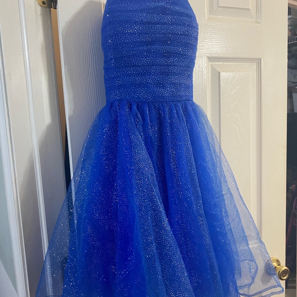 Blue Ruched Halter A-line Dress